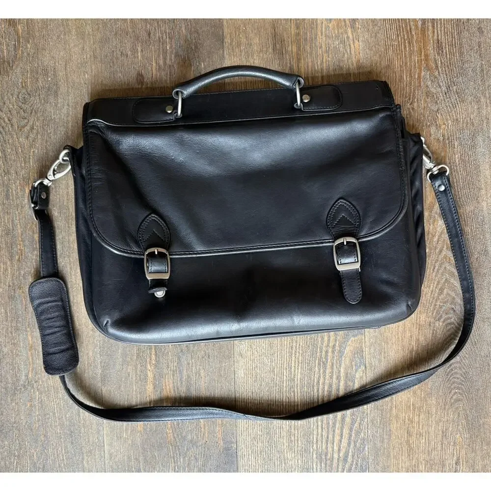 Dilana Black Leather Laptop Bag Briefcase Messenger Shoulder Bag Work Office EUC
